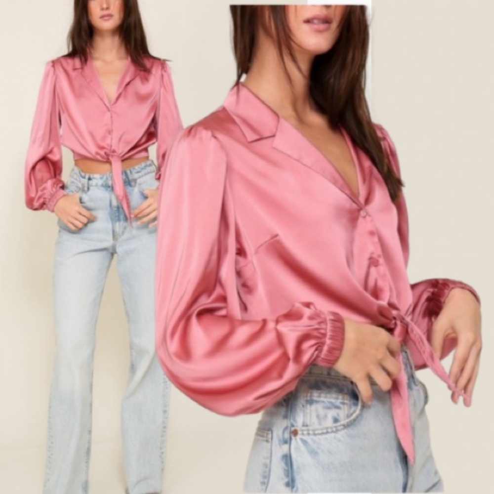 Sophisticated and Edgy Satin Button Down Blouse with Self Tie Beautiful Pink